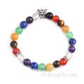 Moda caliente 7 Chakra 8MM piedra redonda abalorios pulsera elástica con Leapard cabeza